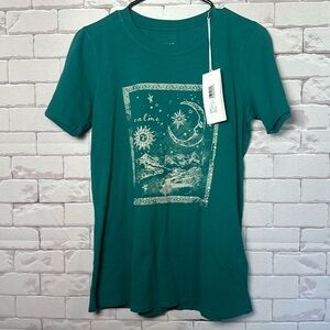 NWT Johnny Was Calme Graphic T Shirt Size Small Teal Sun Moon Yoga Serenity
